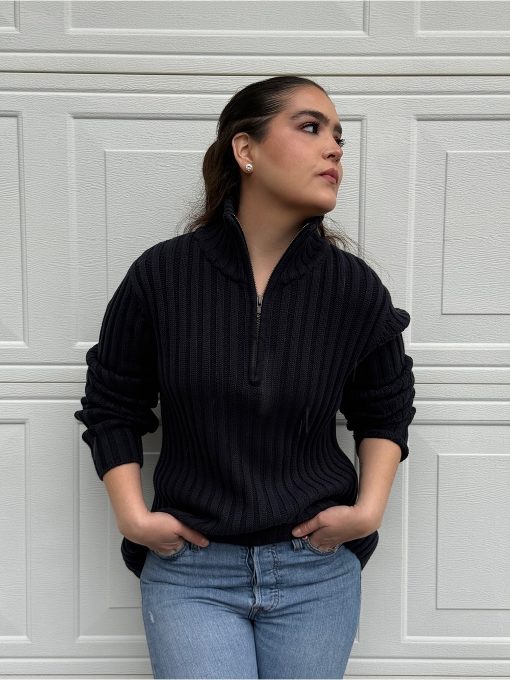 Banana Republic Navy Ribbed Quarter Zip Mock Neck Sweater